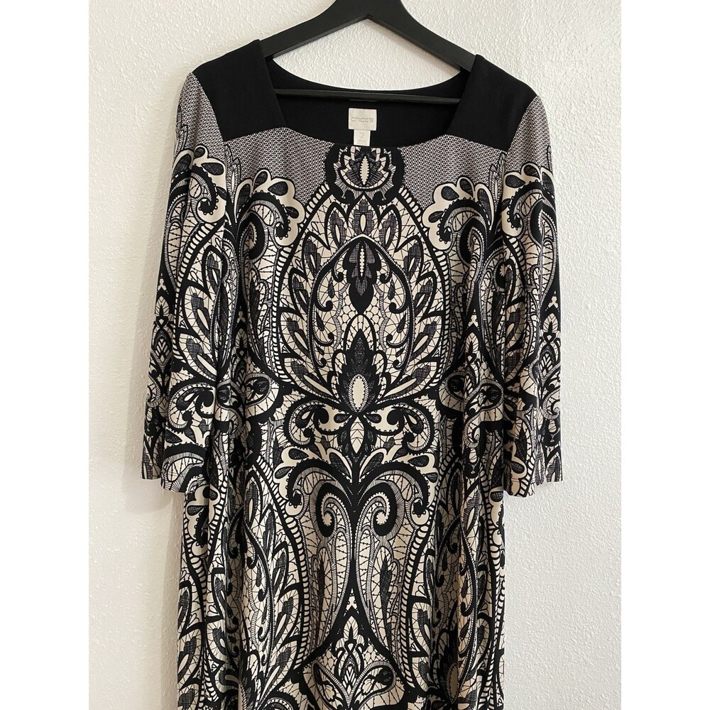 Chico’s Sz 2 (US L) Black White Sheath Shift Dress Knee Length Easy On Off H3